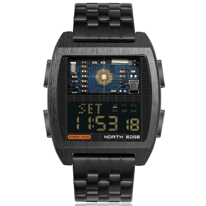 Ceas sport digital pentru barbati, rezervor North Edge Cyber, ceas complet din otel, cronometru, mod alarma si temporizator, impermeabil 50M, ora lumii, iluminare LED, negru