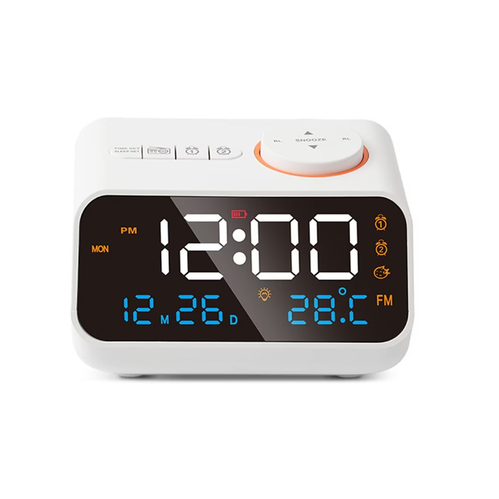 Ceas desteptator cu LED, radio FM, ecran comanda vocala, afisare temperatura si umiditate, 2 porturi USB, Alb