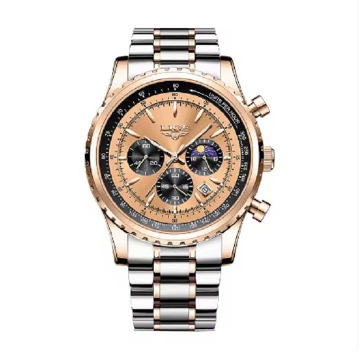 Ceas Lige, cadran culoarea cuprului, Quartz, bratara metalica 3 barr, cristal de safir