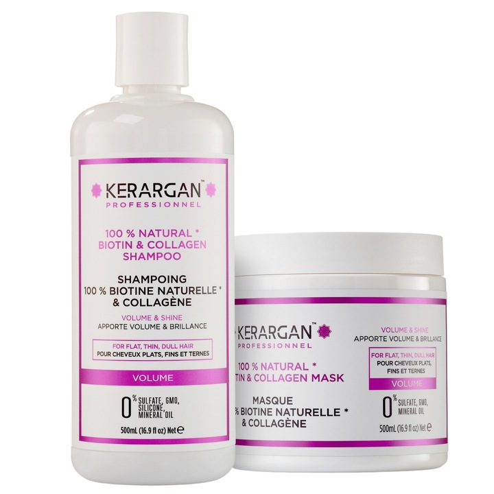 Set Kerargan sampon si masca volumizanta, biotina si colagen, fara sulfati, 2x500ml, alb