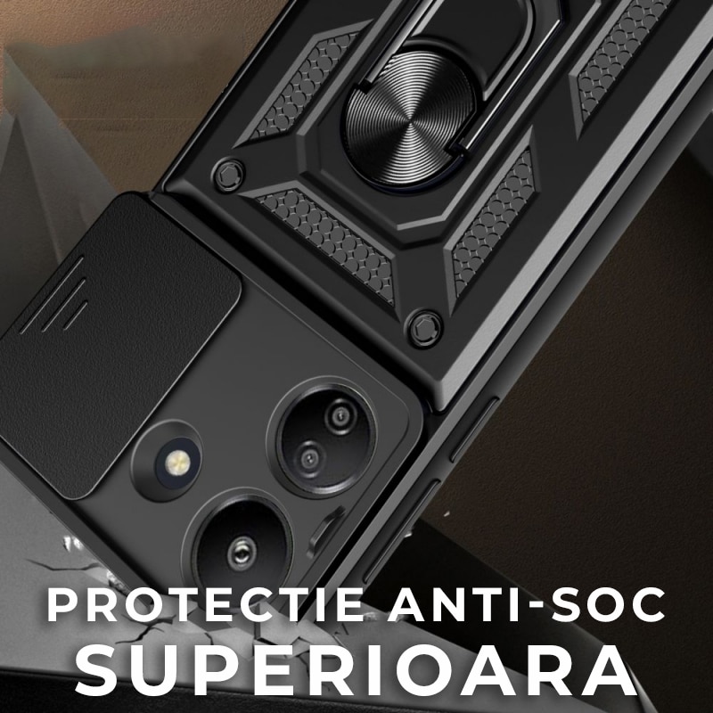 Husa pentru Xiaomi Redmi 13C DaDen Premium Hybrid Armor Kickstand, Slider Camera, Antisoc, Protectie Superioara, Negru