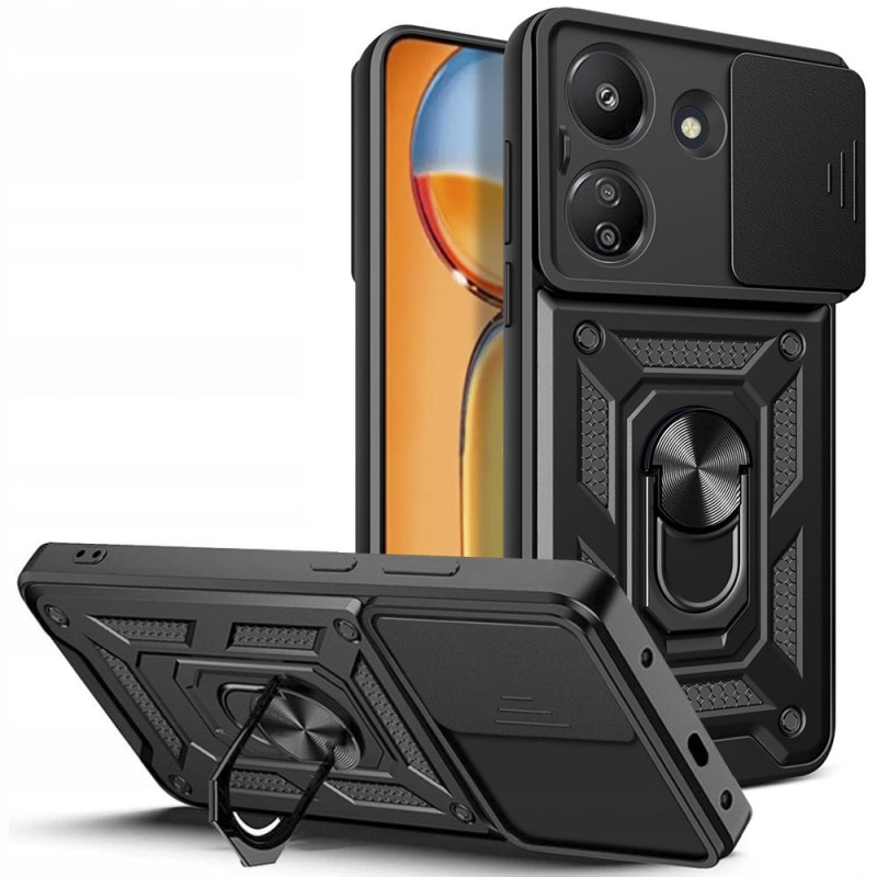 Husa pentru Xiaomi Redmi 13C DaDen Premium Hybrid Armor Kickstand, Slider Camera, Antisoc, Protectie Superioara, Negru