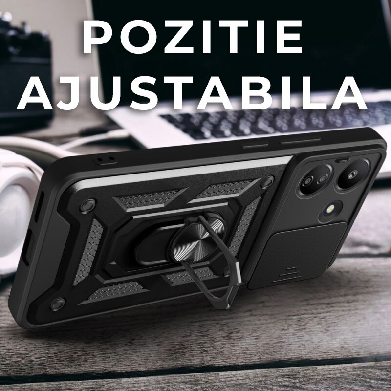 Husa pentru Xiaomi Redmi 13C DaDen Premium Hybrid Armor Kickstand, Slider Camera, Antisoc, Protectie Superioara, Negru