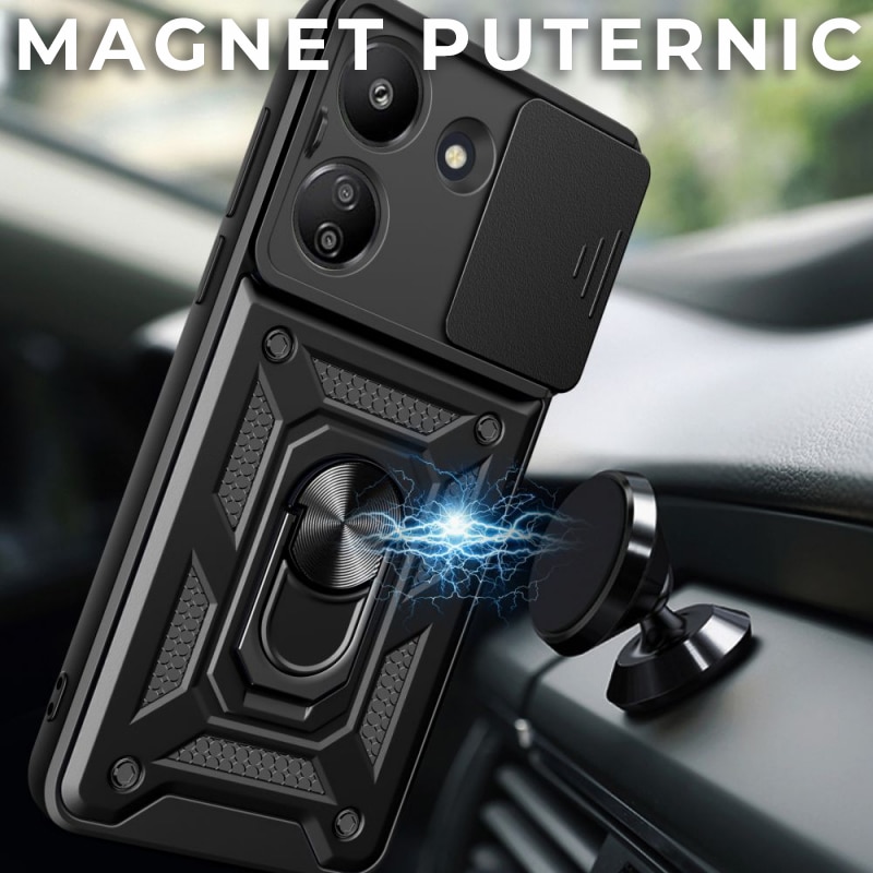 Husa pentru Xiaomi Redmi 13C DaDen Premium Hybrid Armor Kickstand, Slider Camera, Antisoc, Protectie Superioara, Negru