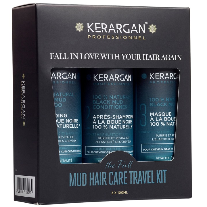 Set tratament de par Kerargan, revitalizant cu namol negru, unisex, 3x100ml, albastru