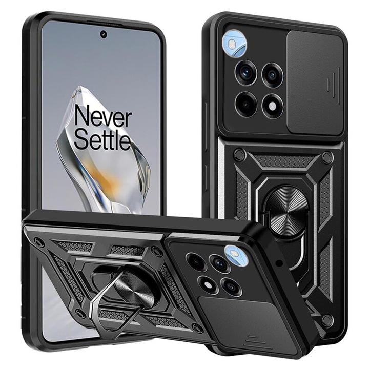 Защитен калъф, съвместим с OnePlus 12R, серия Camshield, с магнитен пръстен, подсилени ръбове, TPU, черен
