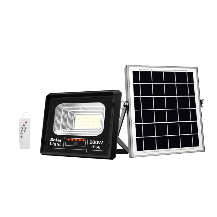 Мощен соларен прожектор JORTAN® 100 W, 108 SMD светодиода, соларен панел и дистанционно управление, IP66
