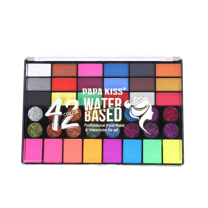 42-цветна палитра бои за лице на водна основа, пастелни, ярки и блестящи цветове, 20 x 14 cm