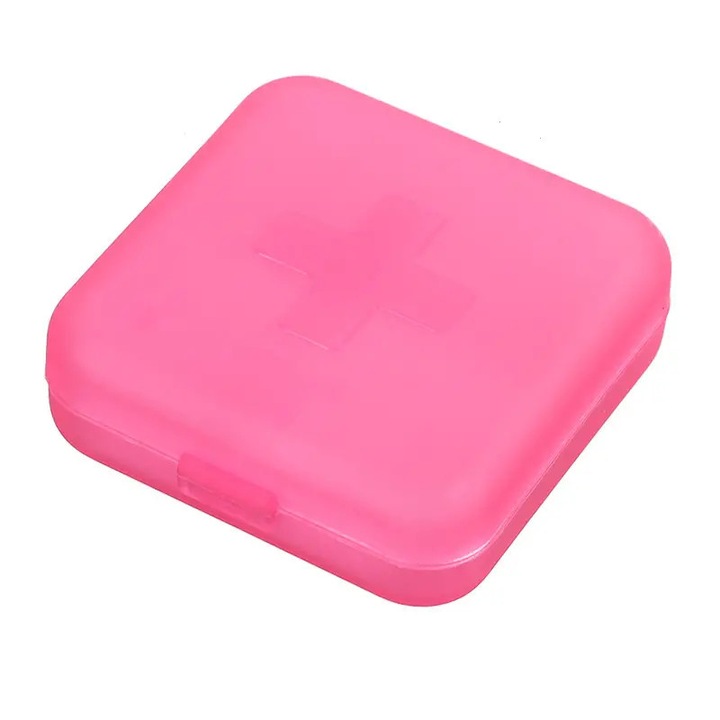 Cutie de depozitare medicamente mini cu 4 compartimente, roz, 6 x 6 cm