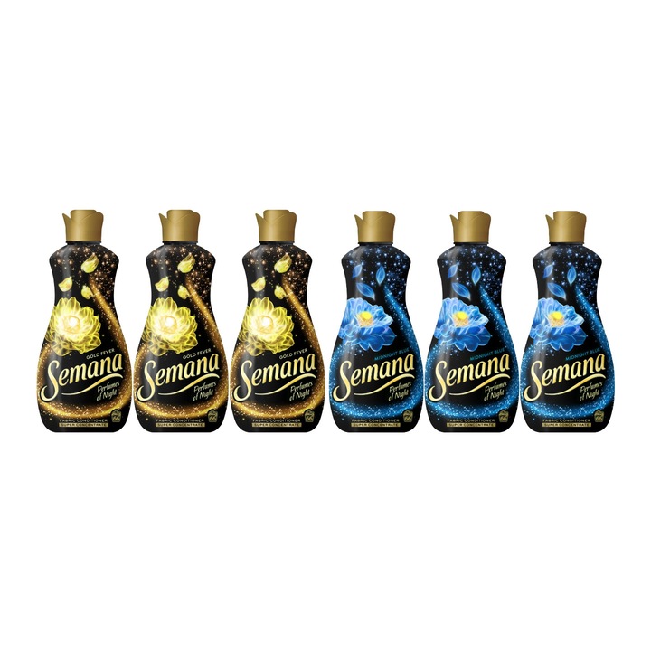 Set 6 x Balsam Rufe Semana Variety Bundle, 3 x Balsam Rufe Perfumes of Night Midnight Blue 1.65L 66 Spalari, 3 x Balsam Rufe Perfumes of Night Gold Fever 1.65L 66 Spalari, ingrijire delicata a tesaturilor, alergeni redusi, tehnologie anti-miros