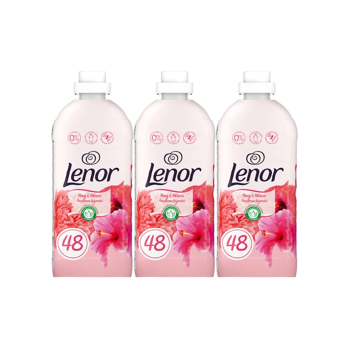 Комплект от 3 броя омекотител за пране Lenor 1,2 л 48 пранета божур хибискус, деликатна грижа за тъканите