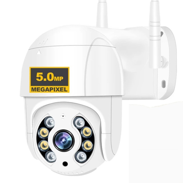 Camera de Supraveghere Wireless ALG™, 5MP + Card 32GB + Sticker, Aplicatie YCC 365, Interior/Exterior 2 Antene, Rezista la Ploaie si Inghet, Senzori de Miscare, Alarma, Vedere Live pe telefon, Alb