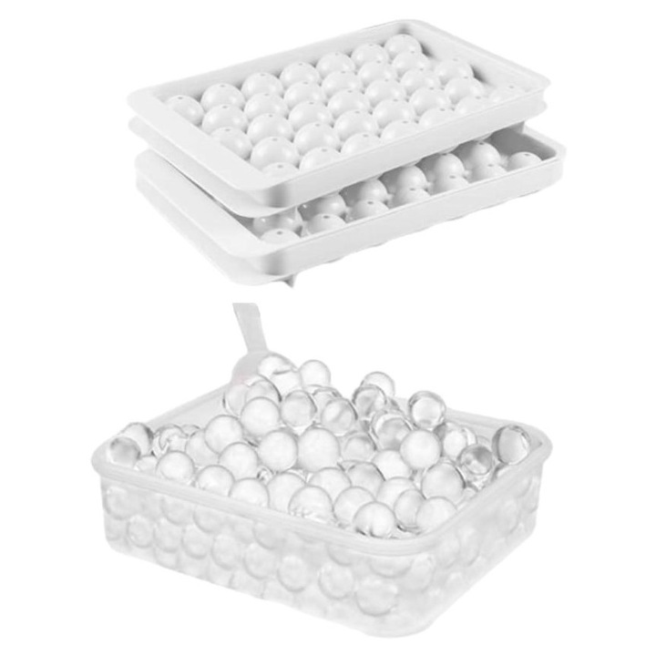 Set 2 forme din plastic pentru cuburi de gheata, cu caserola pentru depozitare, lingura si cleste, Sfera Pentru cocktailurilor, Cafea Ceai Whisky, Alb/Transparent