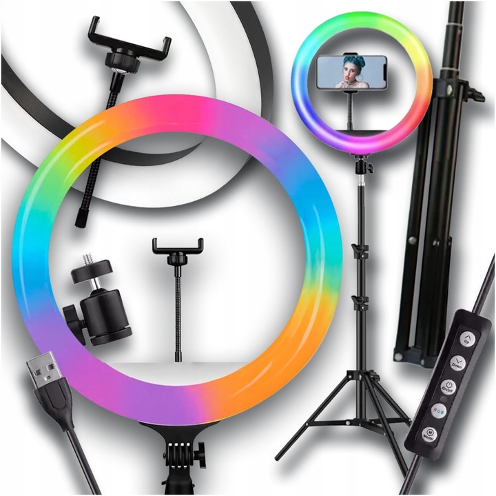 Lampa LED Ring DomowySwiat, set cu stativ 220cm, RGB, 80W, 30cm