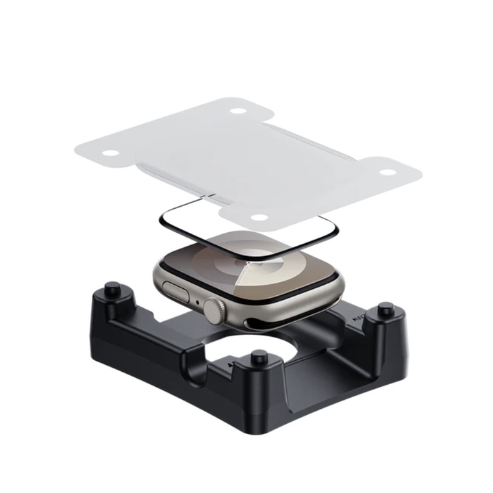 Védőfólia Apple Watchhoz 45 mm, The Bandit, Könnyen felszerelhető applikátorral, Ultra vékony, ütésálló teljes képernyős, 9H üveg, átlátszó