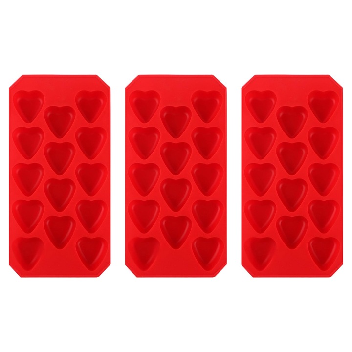 Комплект от 3 x силиконова форма за лед, сърце, червено, 14 кубчета
