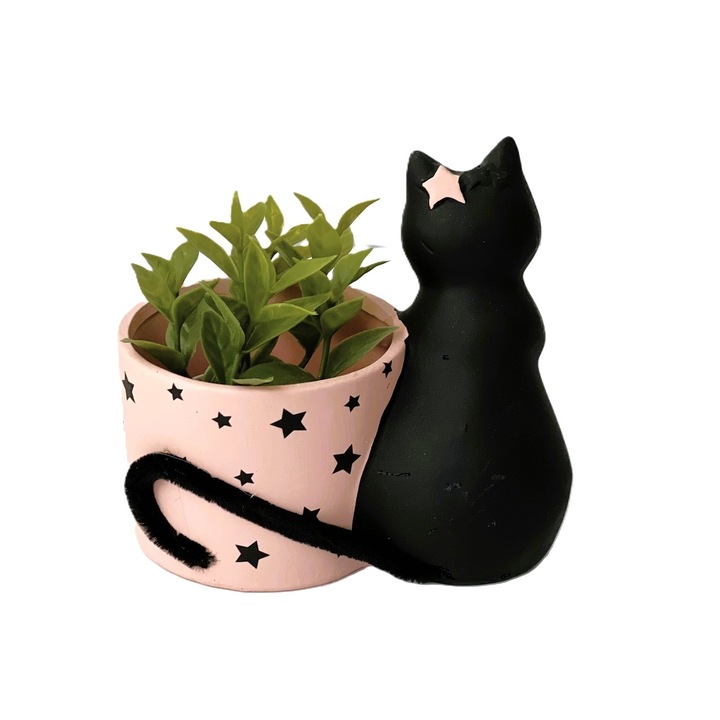 Vaza ceramica cu pisica si decor plante artificiale, roz cu stelute