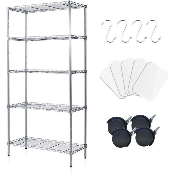 Uptyia polc, 5 szintes, állítható, nagy kapacitású, ezüst, 60x32x150cm