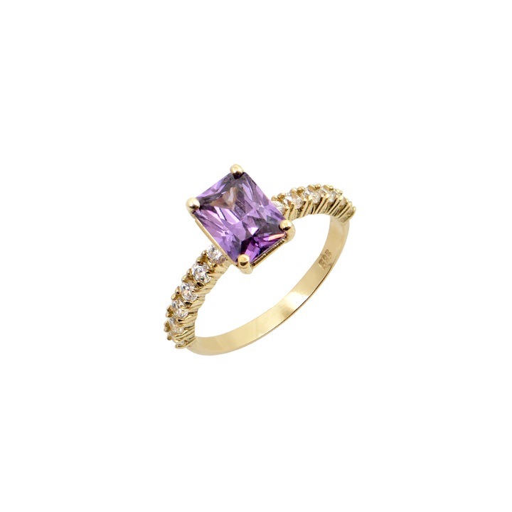 Inel Max Dilon colectia Victoria, aur galben 14K, Swarovski Zirconia Amethyst, 6x8mm, handmade