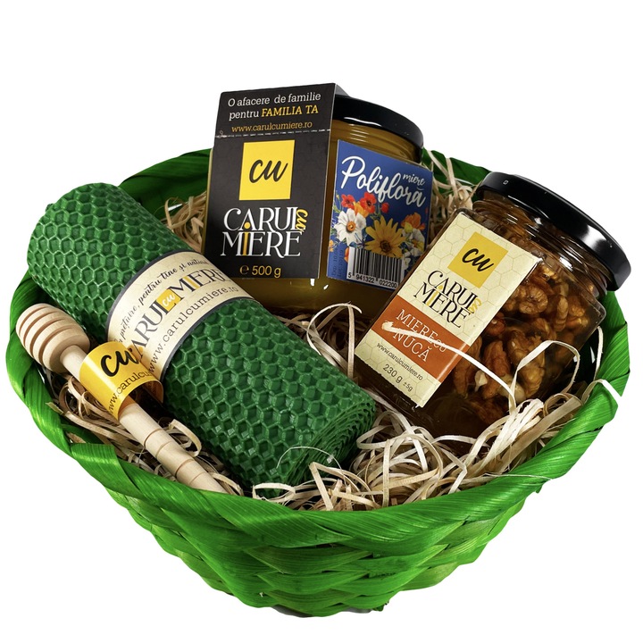Pachet cadou, cosulet verde cu Miere de albine Poliflora 500g, Miere de albine cu samburi de nuca 230g, Lumanare handmade din ceara naturala de albine, lingura pentru miere, produse locale