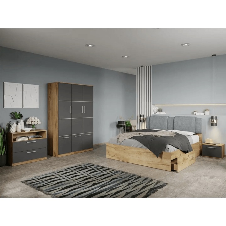 Set dormitor, Stejar Auriu cu Gri, Acapulco, C62, Dulap, Pat 160x200, Comoda, Noptiere