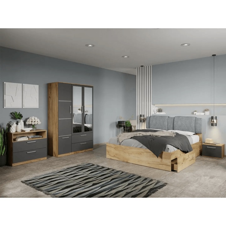 Set dormitor, Stejar Auriu cu Gri, Acapulco, C64, Dulap, Pat 160x200, Comoda, Noptiere