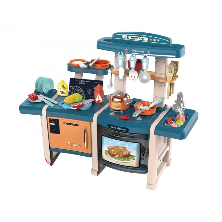 Bucatarie interactiva pentru copii Malplay Blue, cu lumini, sunete, circuit de apa si 45 accesorii incluse