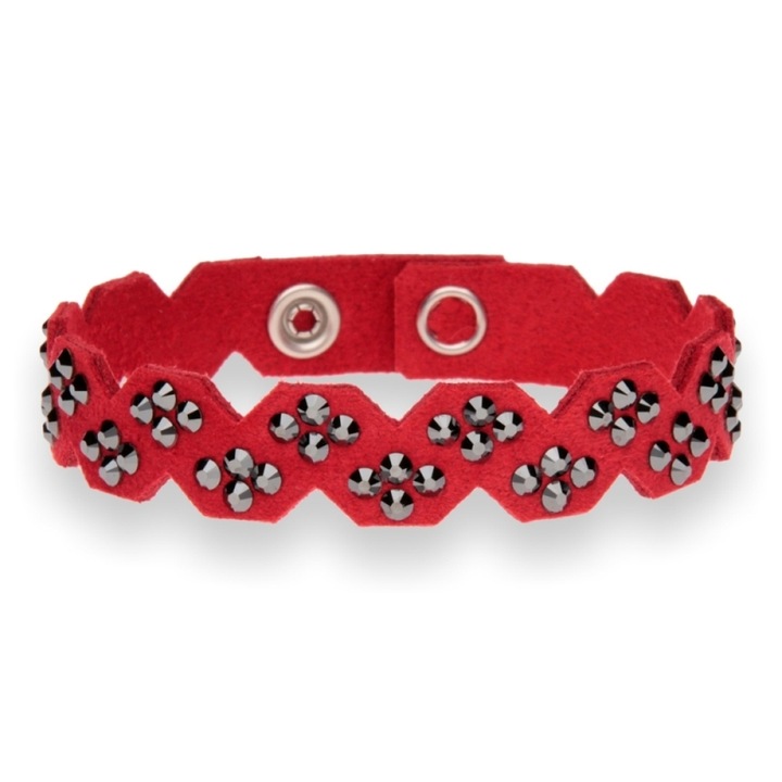 Bratara Spark Karo Zig-Zag, Textil, Alcantara rosie, cristale Jet Hematite, 17/18.5x1.2cm