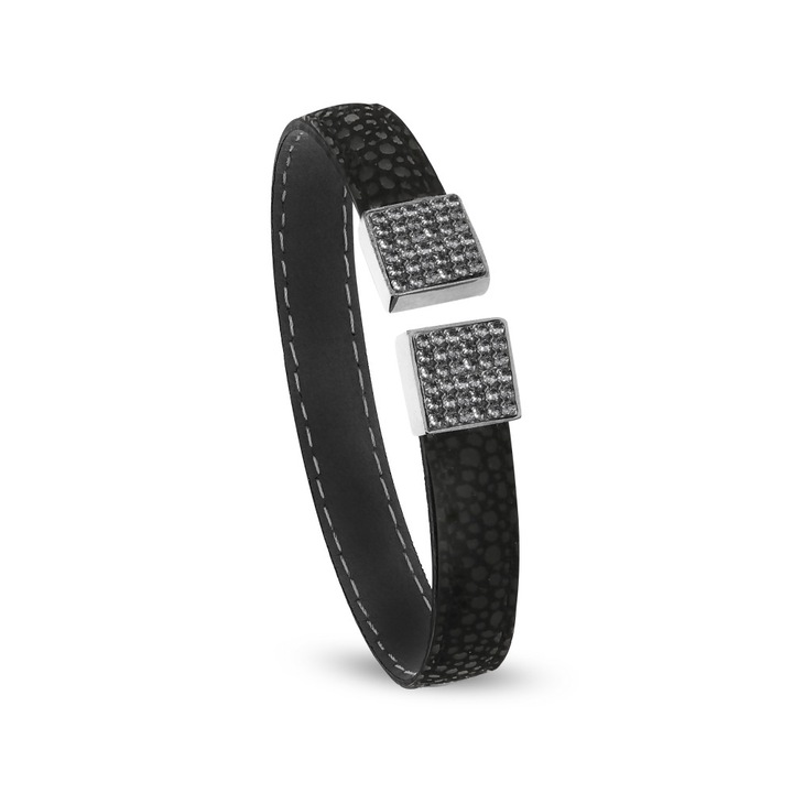 Bratara dama, Spark Naturo Bangle, piele naturala, cristale austriece, negru, 1cm