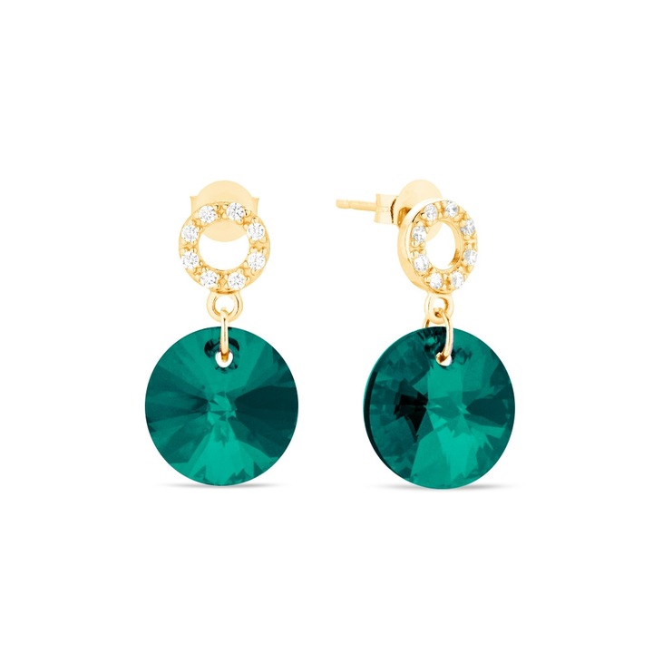 Cercei dama, Spark Xilion Disc, argint placat cu aur, cristale austriece Emerald, 2cm