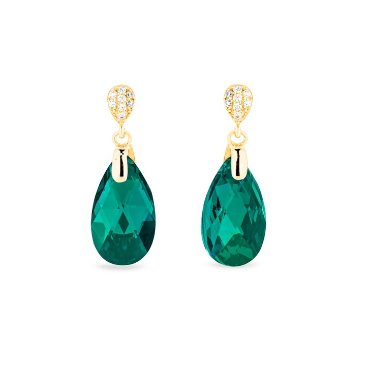 Cercei dama, Spark Dainty Drop, argint placat cu aur, cristale austriece Emerald, 2.5cm