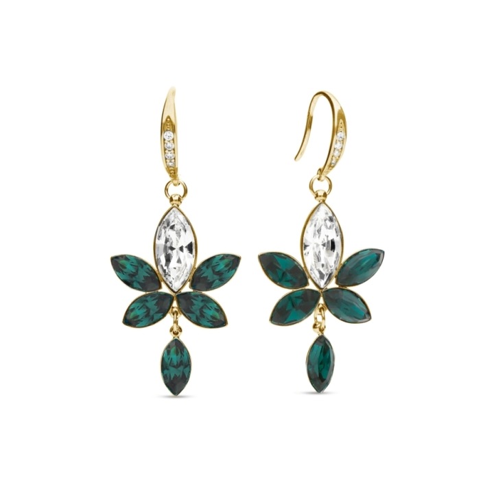 Cercei Spark Lotus Gold, argint placat cu aur, cristale emerald si crystal, 5.1 cm