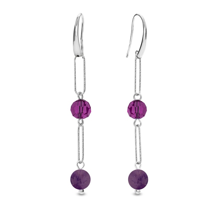 Cercei Spark Trilliant, ametist natural, cristale, argint 925, 6.8cm