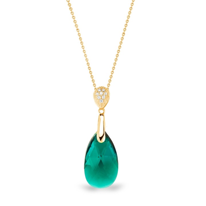 Colier Spark Dainty Drop, argint placat cu aur, cristale austriece emerald, 47cm