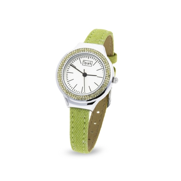 Ceas dama Spark Crystalis Jonquil, cadran alb, carcasa cu cristale, curea denim verde / galbena, 29mm