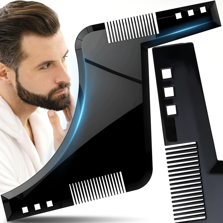 Pieptan Contur Barba Retoo cu Sablon pentru Modelarea Barbii, 16.5x11.5cm, Negru