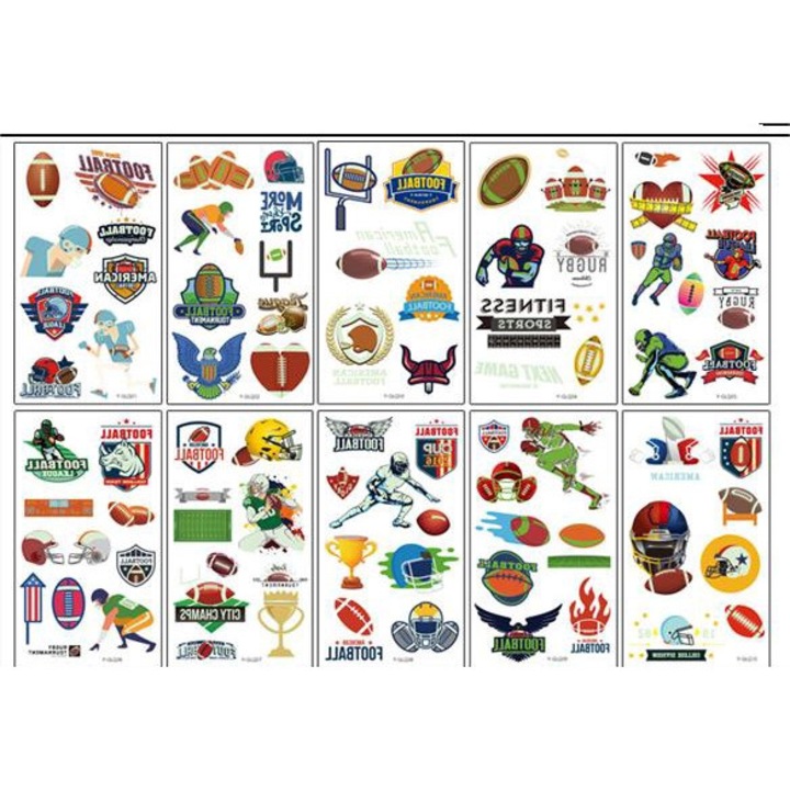 Set 100 tatuaje temporare, Rezistente la apa, Luminos, MulticolorSet 100 tatuaje temporare, Rezistente la apa, pentru copii, barbati si femei, Multicolor, 12 x 6.8cm, Rugby