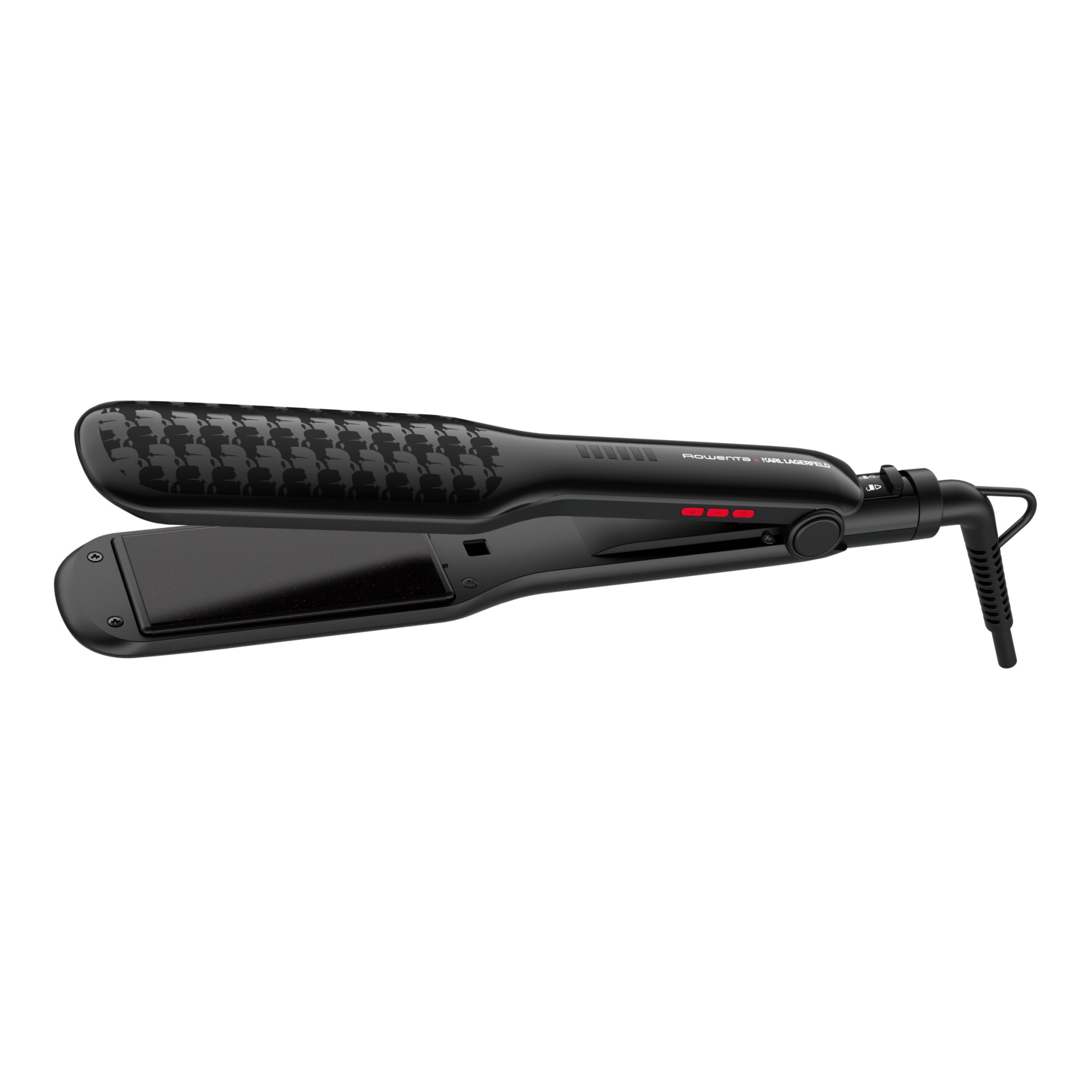 Placa de indreptat parul Rowenta x Karl Lagerfeld Extra Liss SF411LF0, temperatura ajustabila 130°C - 230°C, invelis Keratin & Glow, functie straight&curl, afisaj LED, varf rece, i