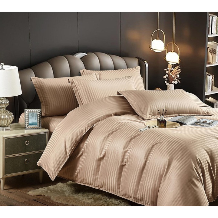 Set Lenjerie, Damasc 6 piese, BEIGE, Husa cu elastiic 120, 180 /200, 2 persoane