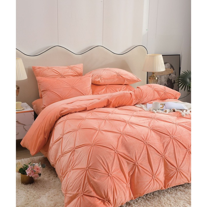 Set Lenjerie Pat 2 persoane, 4 pese, pentru pat dublu, CATIFEA PIERSICA, cearceaf pat cu elastic 180/200+30, husa pilota 200/230, fete perina 50/70 cm x2 buc, material placut la atingere, se spala manual sau automat