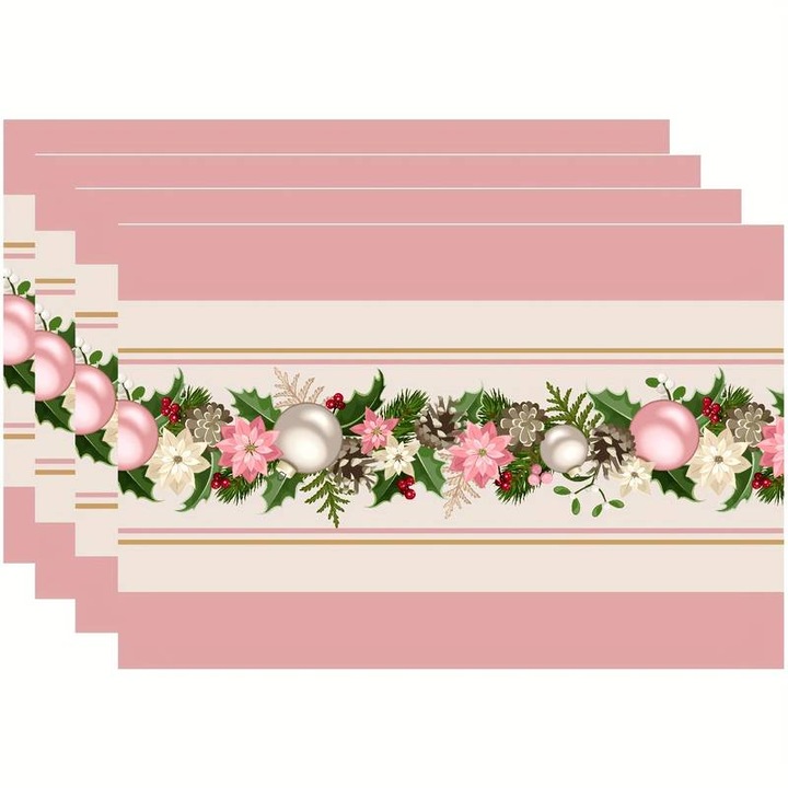 Set 4 servete, protectie pentru masa, Poliester, 45x30 cm, Tema Craciun, Roz