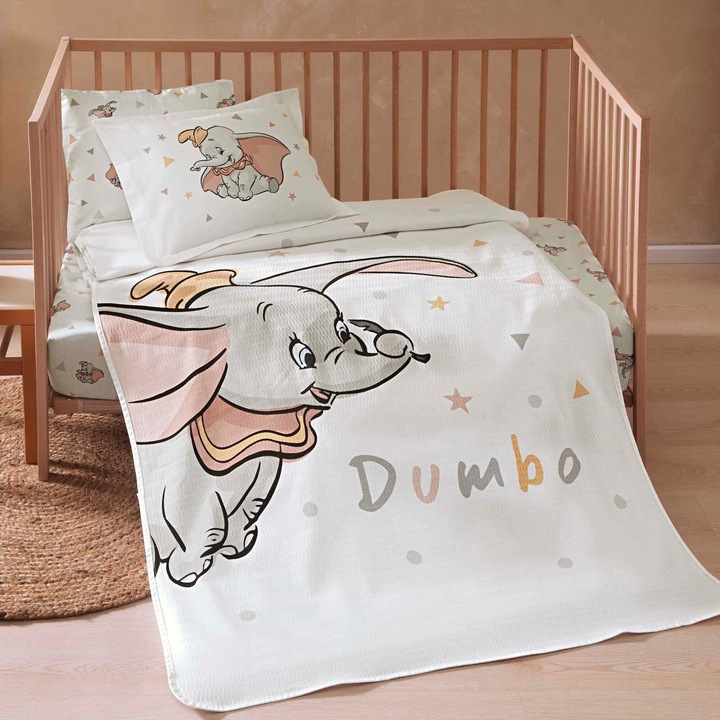 Lenjerie de pat pique de vara pentru copii, Dumbo, 100×135 cm, Dimensiune Fata Perna 35×45 cm, 100% Bumbac, 4 piese, Tac