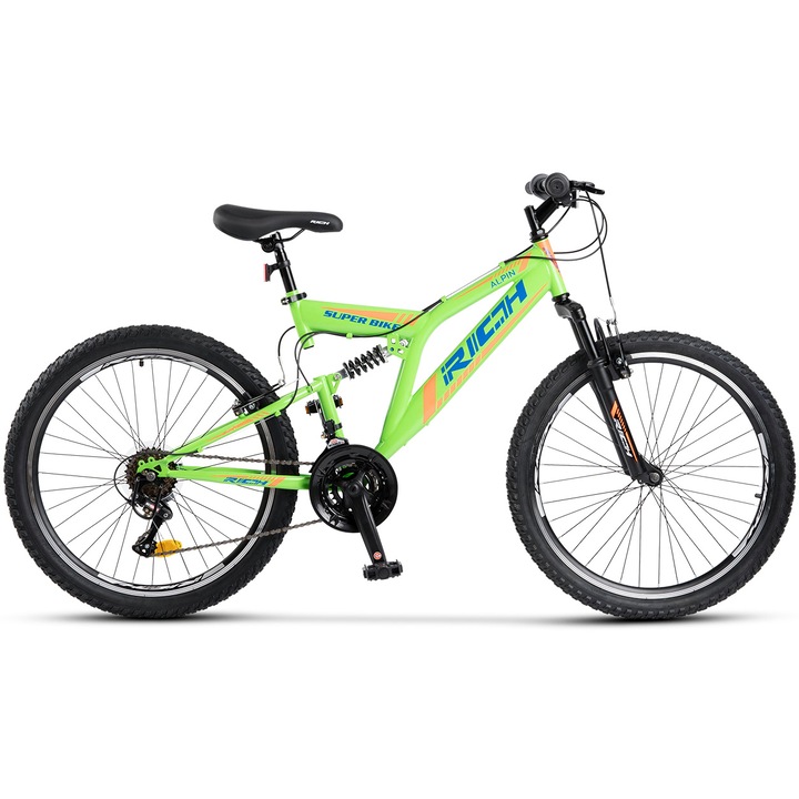 Bicicleta MTB-FS Rich Alpin R2449A 24", revoshift 7 viteze, frane V-brake, albastru/verde/portocaliu