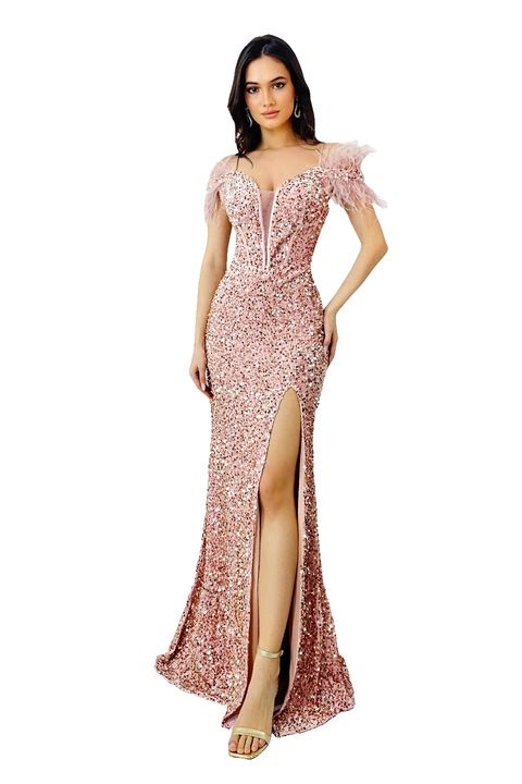 Вечерна рокля Lady Marry, кройка русалка, с пайети и пера, Peach Fuzz, универсален размер L/XL