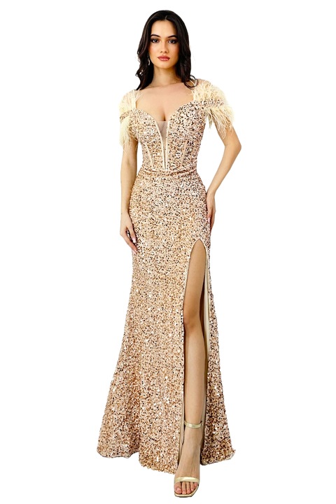 Lady Marry estélyi ruha, sellő szabású, flitterekkel és tollal, Arany, 3XL méret