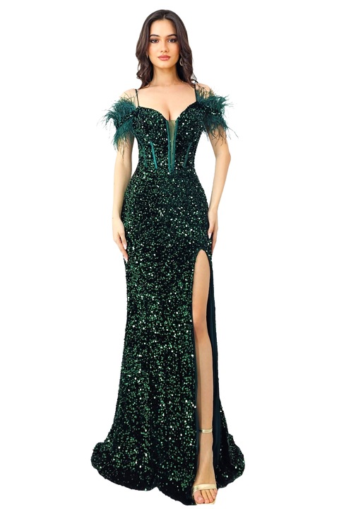 Lady Marry estélyi ruha, sellő szabású, flitterekkel és tollal, Sötétzöld, 3XL méret