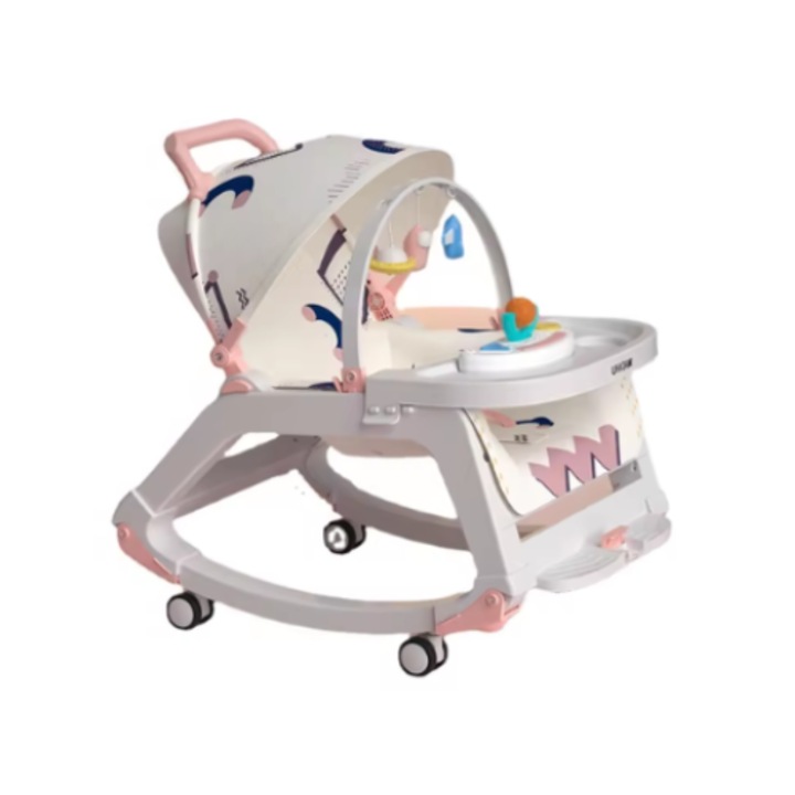 Бебешки люлеещ се стол, мултифункционален с регулируема облегалка в 3 степени, предпазен колан, прибираща се маса, максимално поддържано тегло 25 кг, PROMERCO