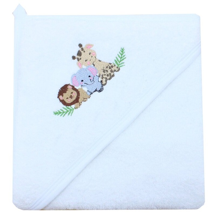 Prosop cu gluga, bumbac, Leul si prietenii, alb, 80 x 100 cm