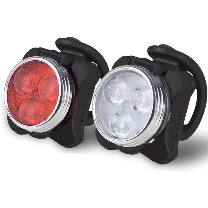Set lumini bicicleta Mokeum, LED, USB reincarcabil, impermeabil, 4 moduri iluminare, alb/rosu