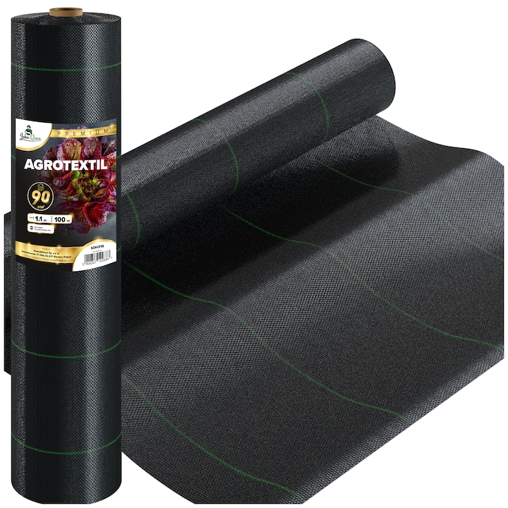 Folie Agrotextila Profesionala John Green 90 g/m² 1.1x100m, Anti-Buruieni si Mulcire, UV, Permeabila, Durabila, Neagra cu Dungi Verzi, Solutie Eficienta Gradina si Agricultura pentru Controlul Plantelor nedorite